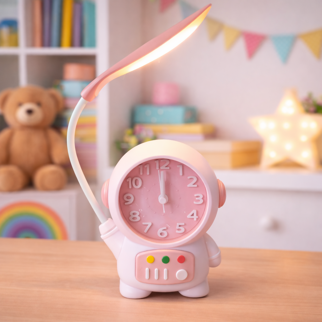 Astronaut Table Lamp with Clock for Kids Study Desk & Bedroom