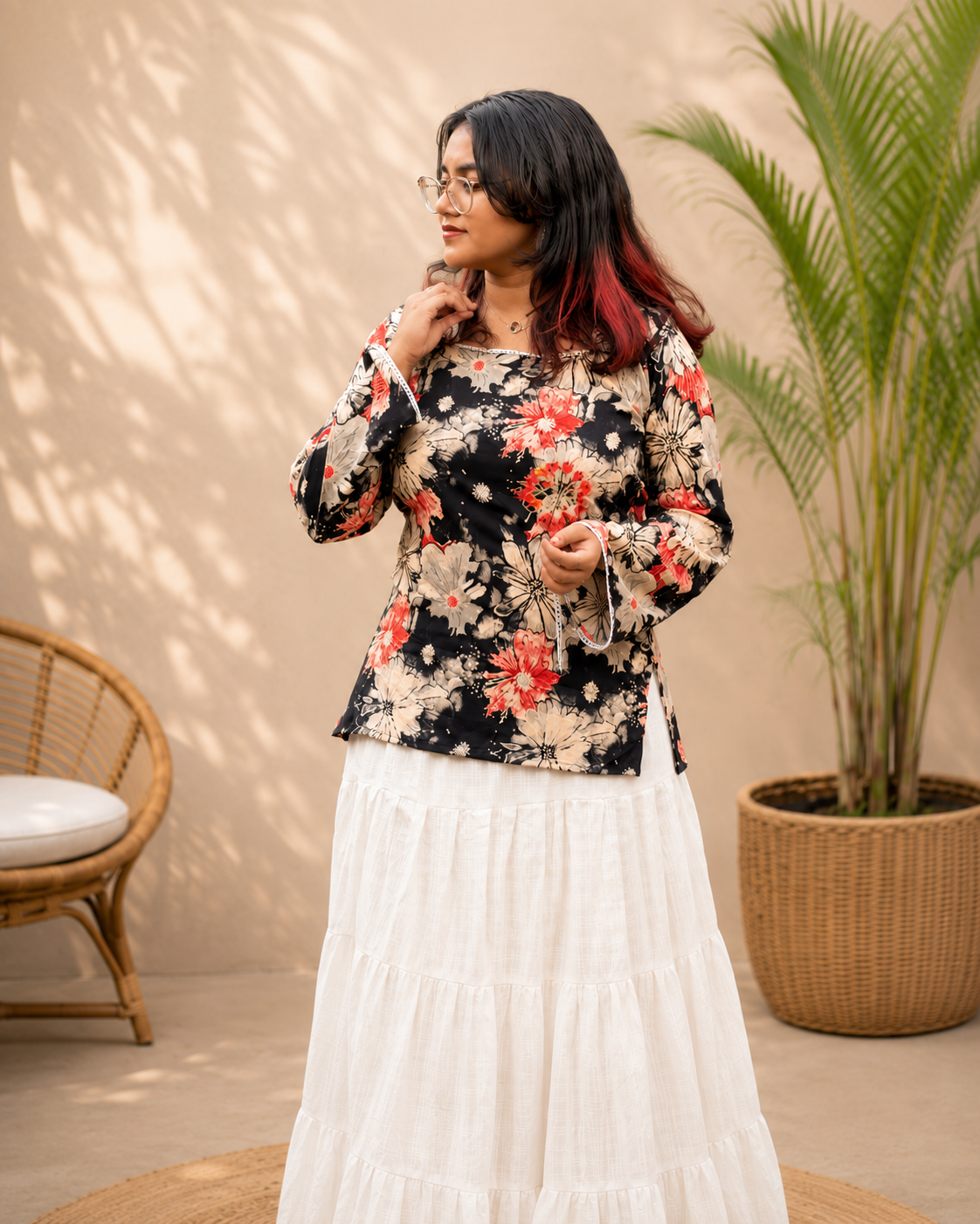 Elegant Black Floral Corset Short Kurti with Back Dori Tie