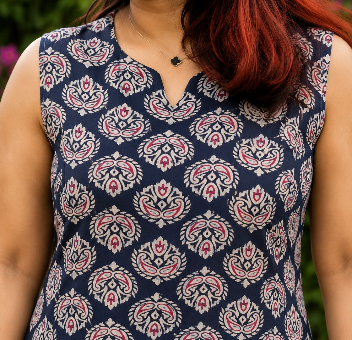 Women’s Printed Sleeveless Peplum Top – Navy Blue Floral Cotton Blend