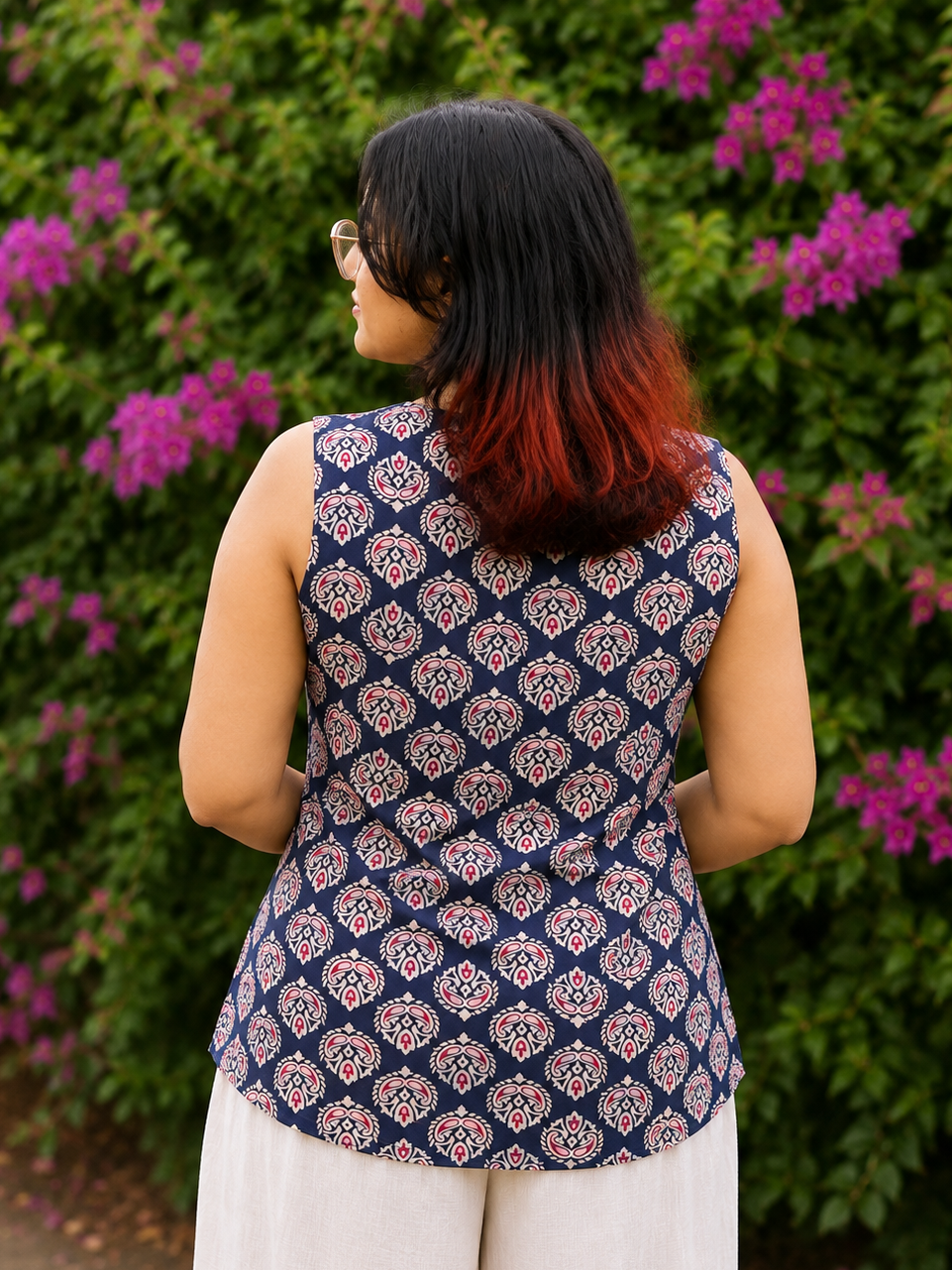 Women’s Printed Sleeveless Peplum Top – Navy Blue Floral Cotton Blend