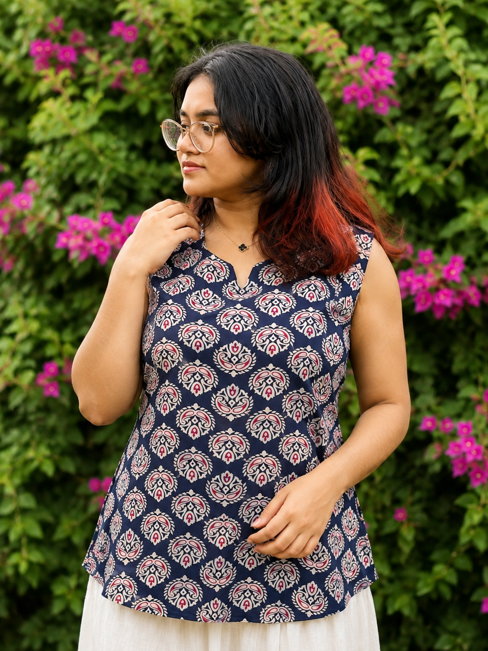Women’s Printed Sleeveless Peplum Top – Navy Blue Floral Cotton Blend