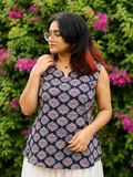 Women’s Printed Sleeveless Peplum Top – Navy Blue Floral Cotton Blend