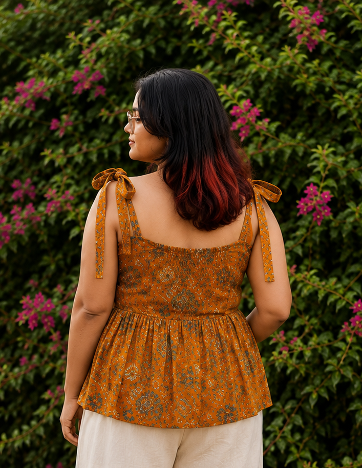 Mustard Floral Peplum Tie-Shoulder Top for Women | Soft Cotton Blend | Casual Chic | Free Size