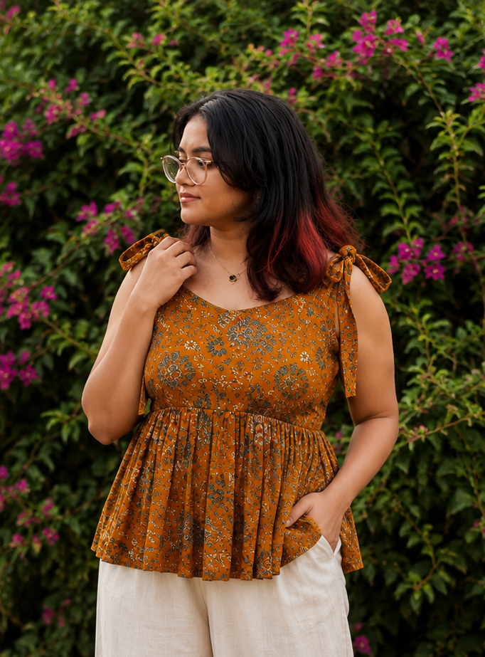 Mustard Floral Peplum Tie-Shoulder Top for Women | Soft Cotton Blend | Casual Chic | Free Size