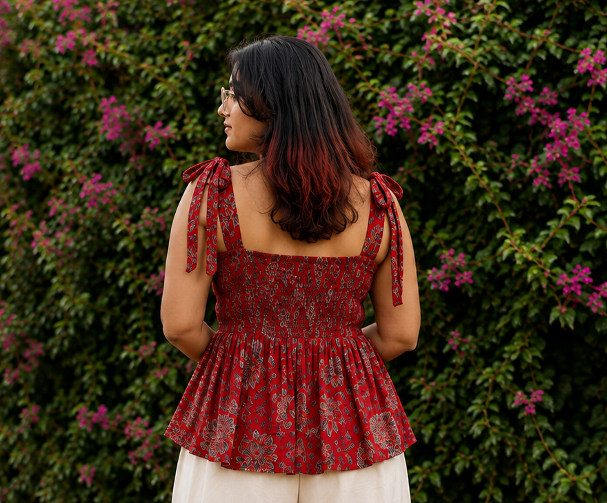 Red Floral Peplum Tie-Shoulder Top for Women | Soft Cotton Blend | Casual Chic | Free Size