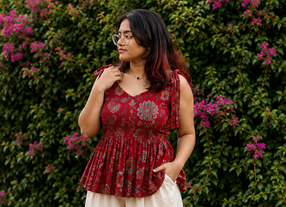 Red Floral Peplum Tie-Shoulder Top for Women | Soft Cotton Blend | Casual Chic | Free Size