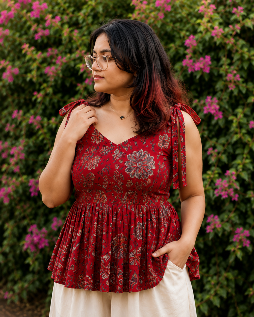 Red Floral Peplum Tie-Shoulder Top for Women | Soft Cotton Blend | Casual Chic | Free Size