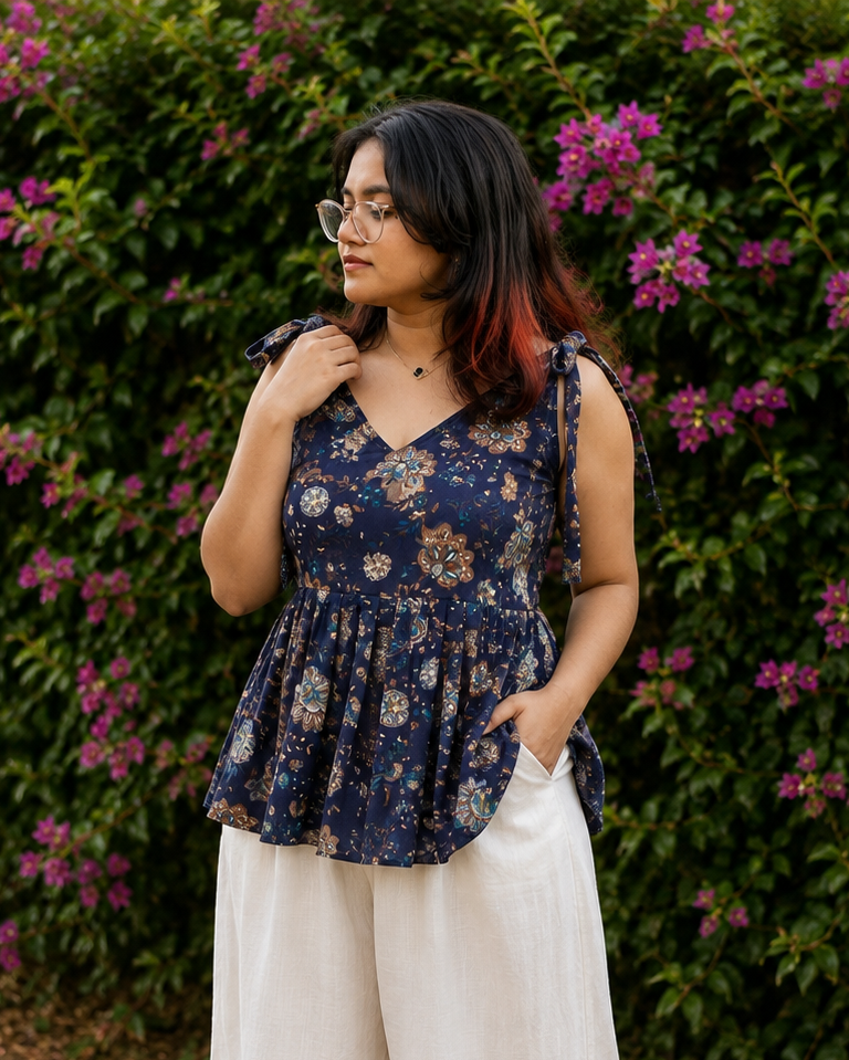 Navy Blue Floral Peplum Tie-Shoulder Top for Women | Soft Cotton Blend | Casual Chic | Free Size