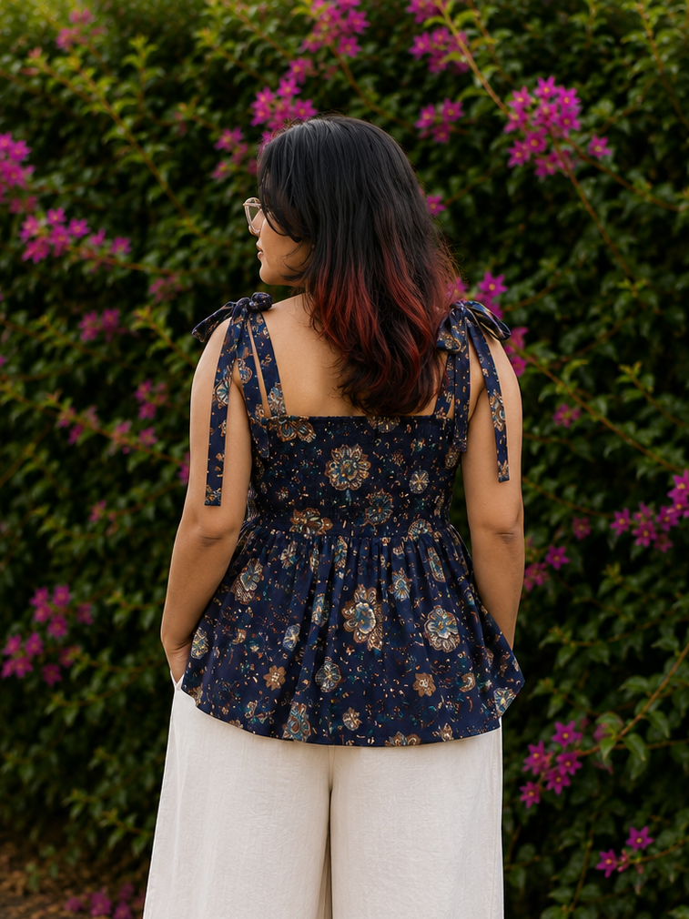 Navy Blue Floral Peplum Tie-Shoulder Top for Women | Soft Cotton Blend | Casual Chic | Free Size