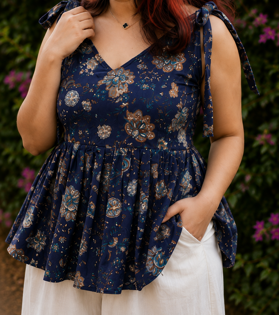 Navy Blue Floral Peplum Tie-Shoulder Top for Women | Soft Cotton Blend | Casual Chic | Free Size