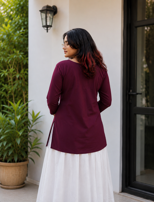 Maroon Embroidered Floral Straight Kurti