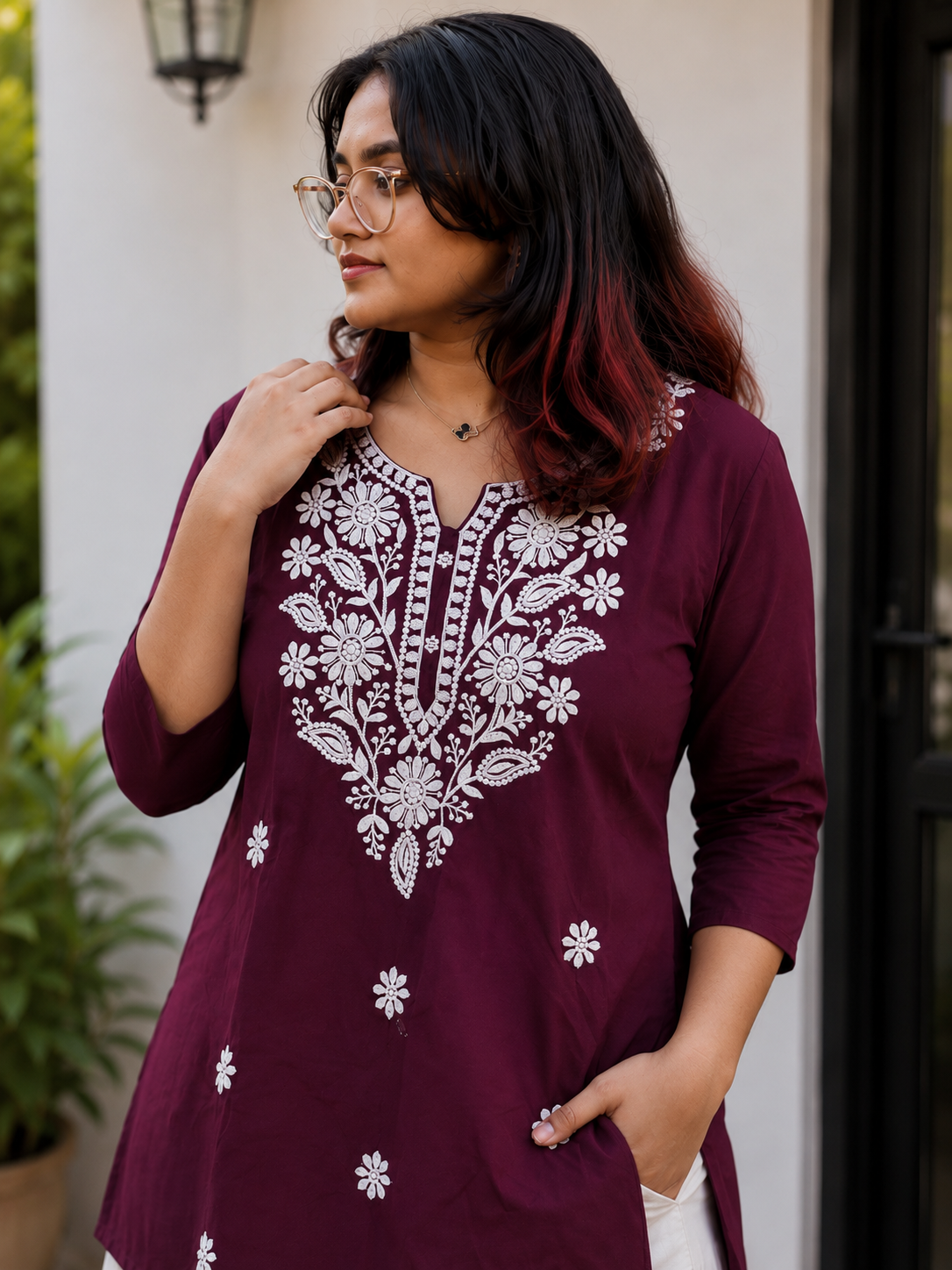 Maroon Embroidered Floral Straight Kurti