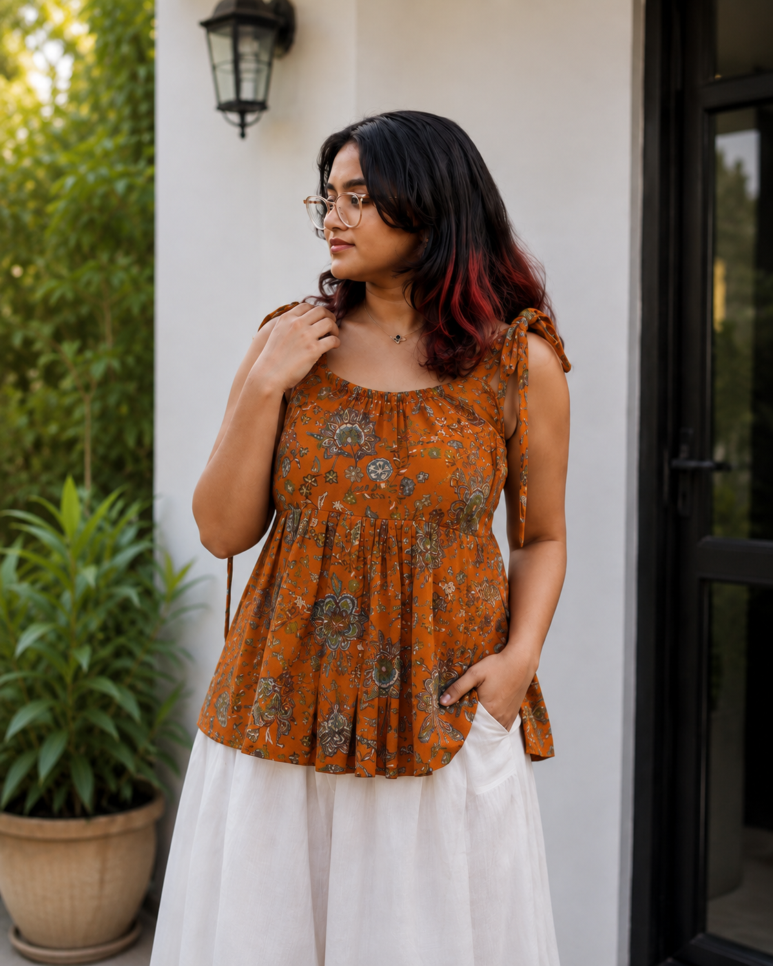 Mustard Floral Peplum Tie-Shoulder Top for Women | Soft Cotton Blend | Casual Chic | Free Size