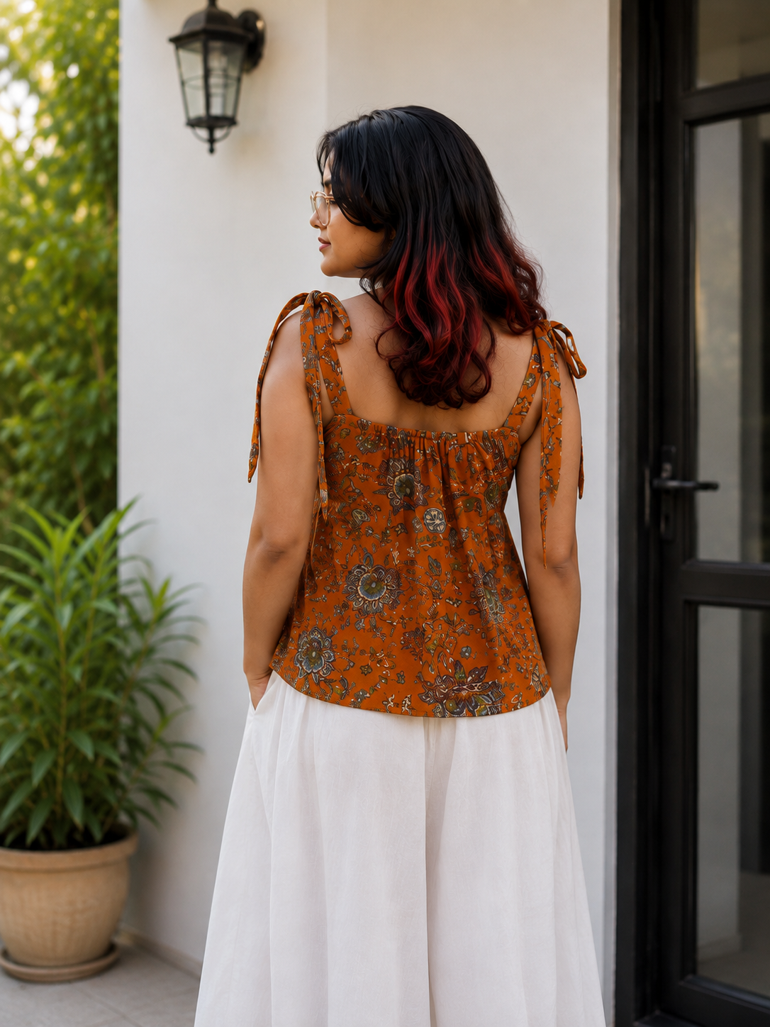 Mustard Floral Peplum Tie-Shoulder Top for Women | Soft Cotton Blend | Casual Chic | Free Size