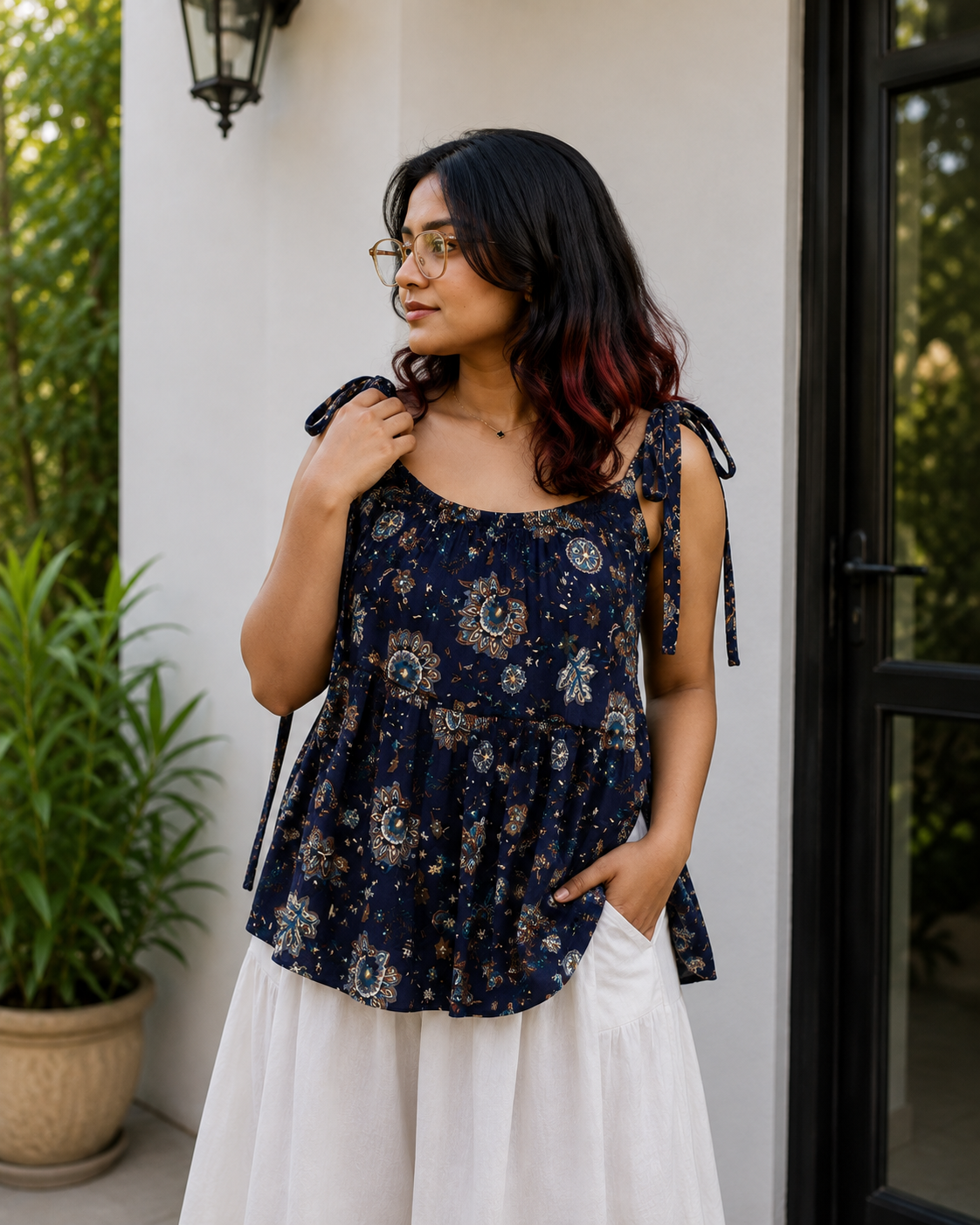 Navy Blue Floral Peplum Tie-Shoulder Top | Free Size
