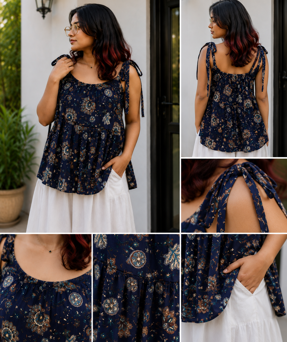 Navy Blue Floral Peplum Tie-Shoulder Top | Free Size