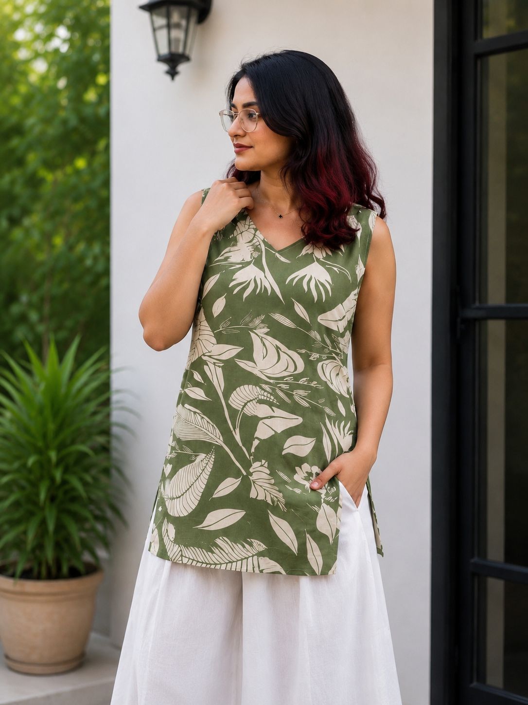 Olive Green Tropical Print Sleeveless Short Kurti