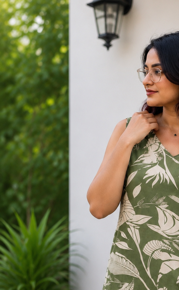 Olive Green Tropical Print Sleeveless Short Kurti