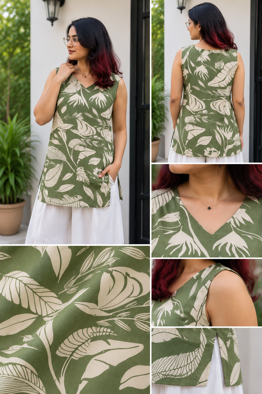 Olive Green Tropical Print Sleeveless Short Kurti