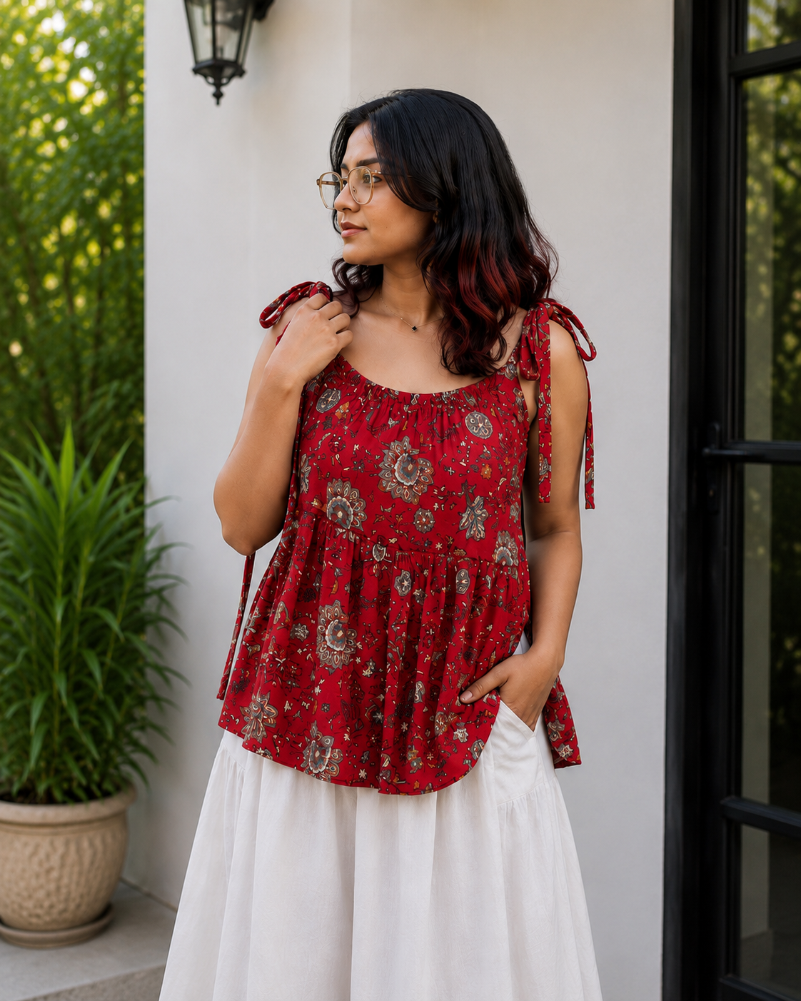 Red Floral Peplum Tie-Shoulder Top | Free Size