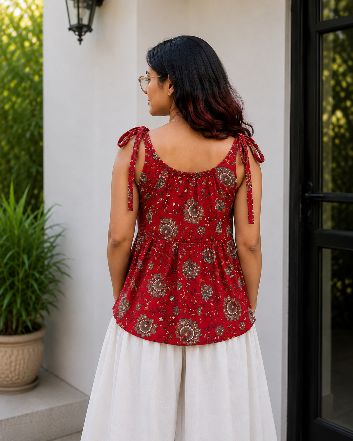 Red Floral Peplum Tie-Shoulder Top | Free Size