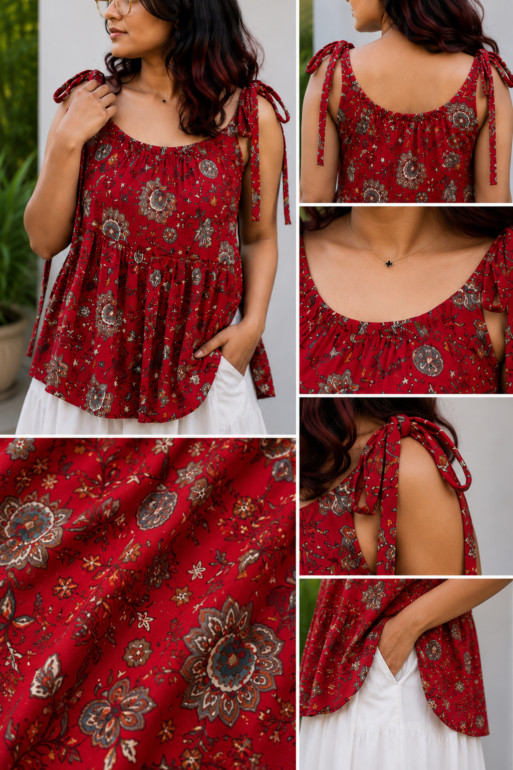 Red Floral Peplum Tie-Shoulder Top | Free Size