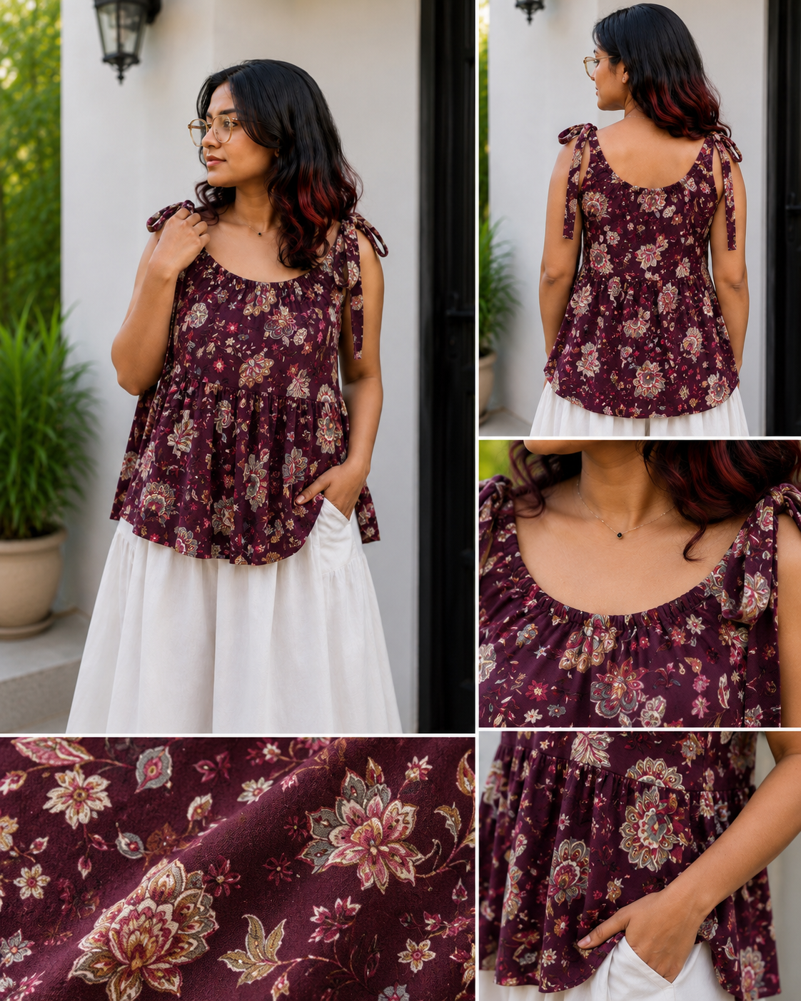 Wine Floral Peplum Tie-Shoulder Top | Free Size