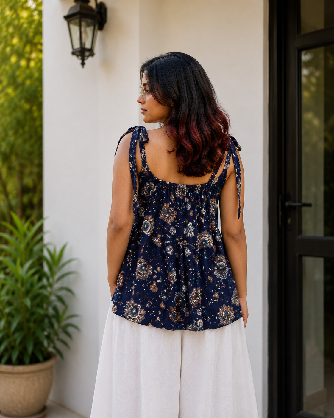 Navy Blue Floral Peplum Tie-Shoulder Top | Free Size