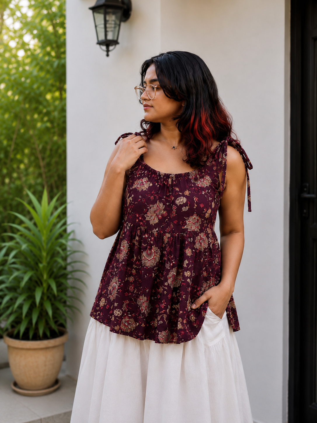 Wine Floral Peplum Tie-Shoulder Top | Free Size