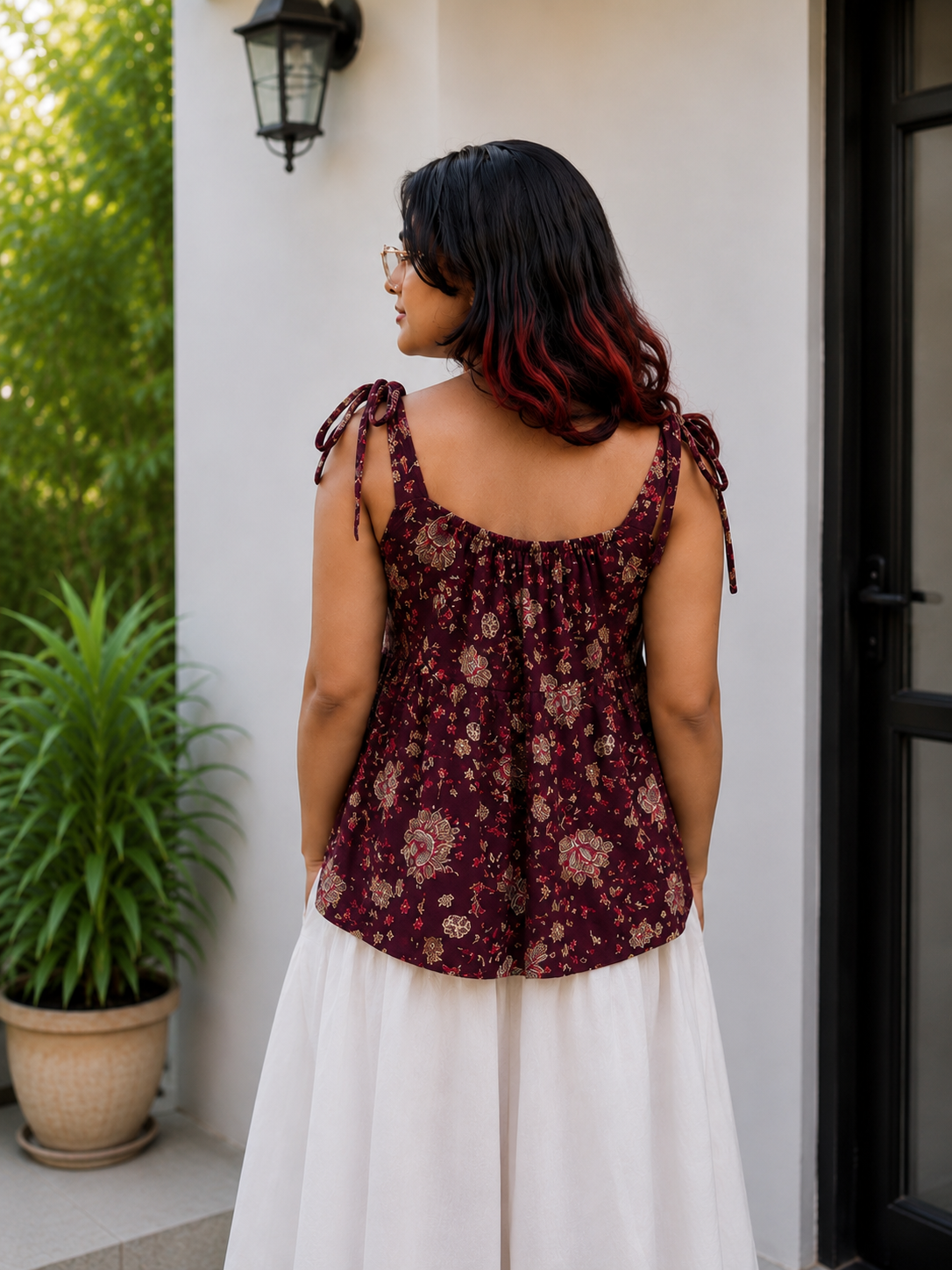 Wine Floral Peplum Tie-Shoulder Top | Free Size