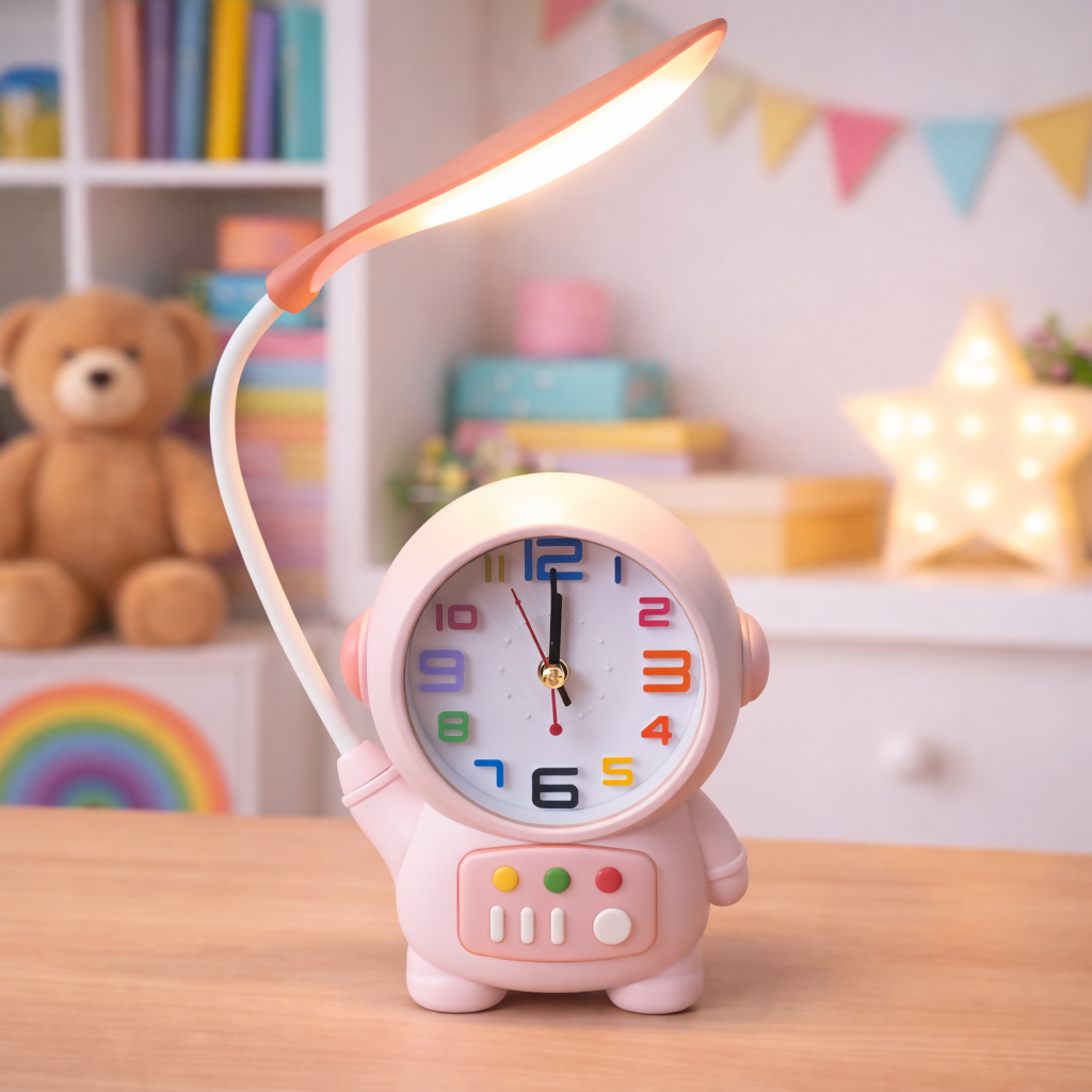 Astronaut Table Lamp with Clock for Kids Study Desk & Bedroom