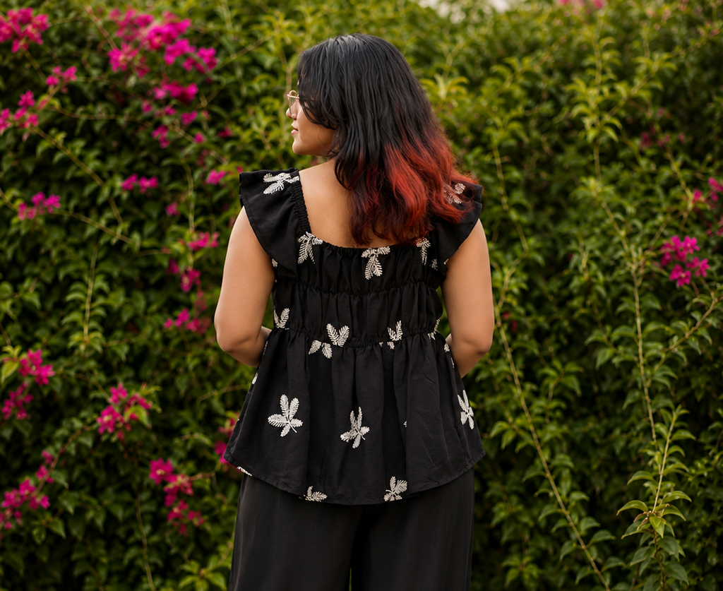 Black Embroidered Peplum Top for Women | Soft Cotton Blend | Casual & Chic