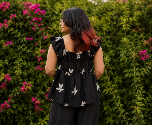 Black Embroidered Peplum Top for Women | Soft Cotton Blend | Casual & Chic