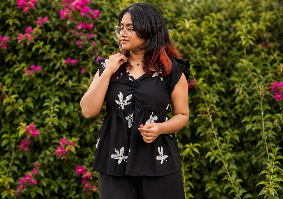 Black Embroidered Peplum Top for Women | Soft Cotton Blend | Casual & Chic