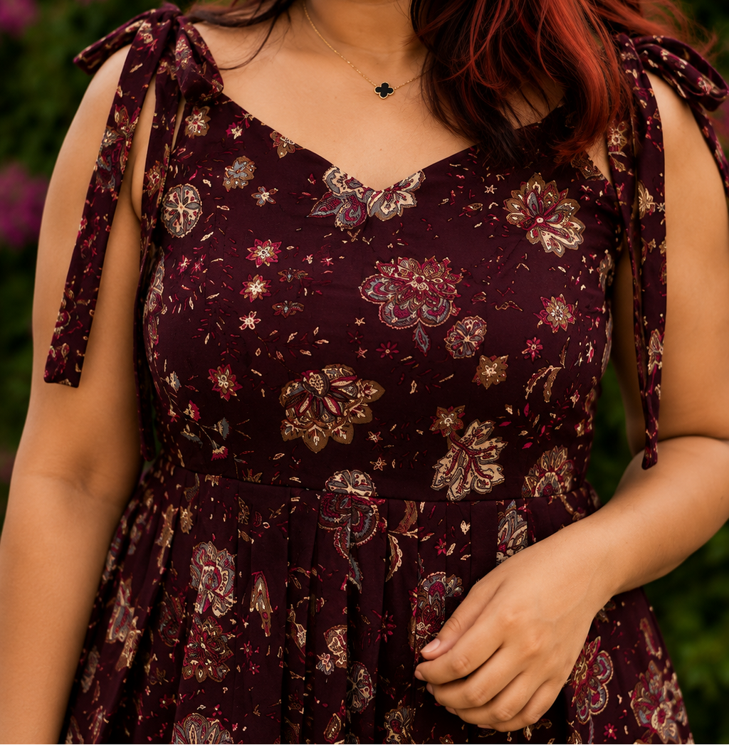 Wine Floral Peplum Tie-Shoulder Top for Women | Soft Cotton Blend | Casual Chic | Free Size