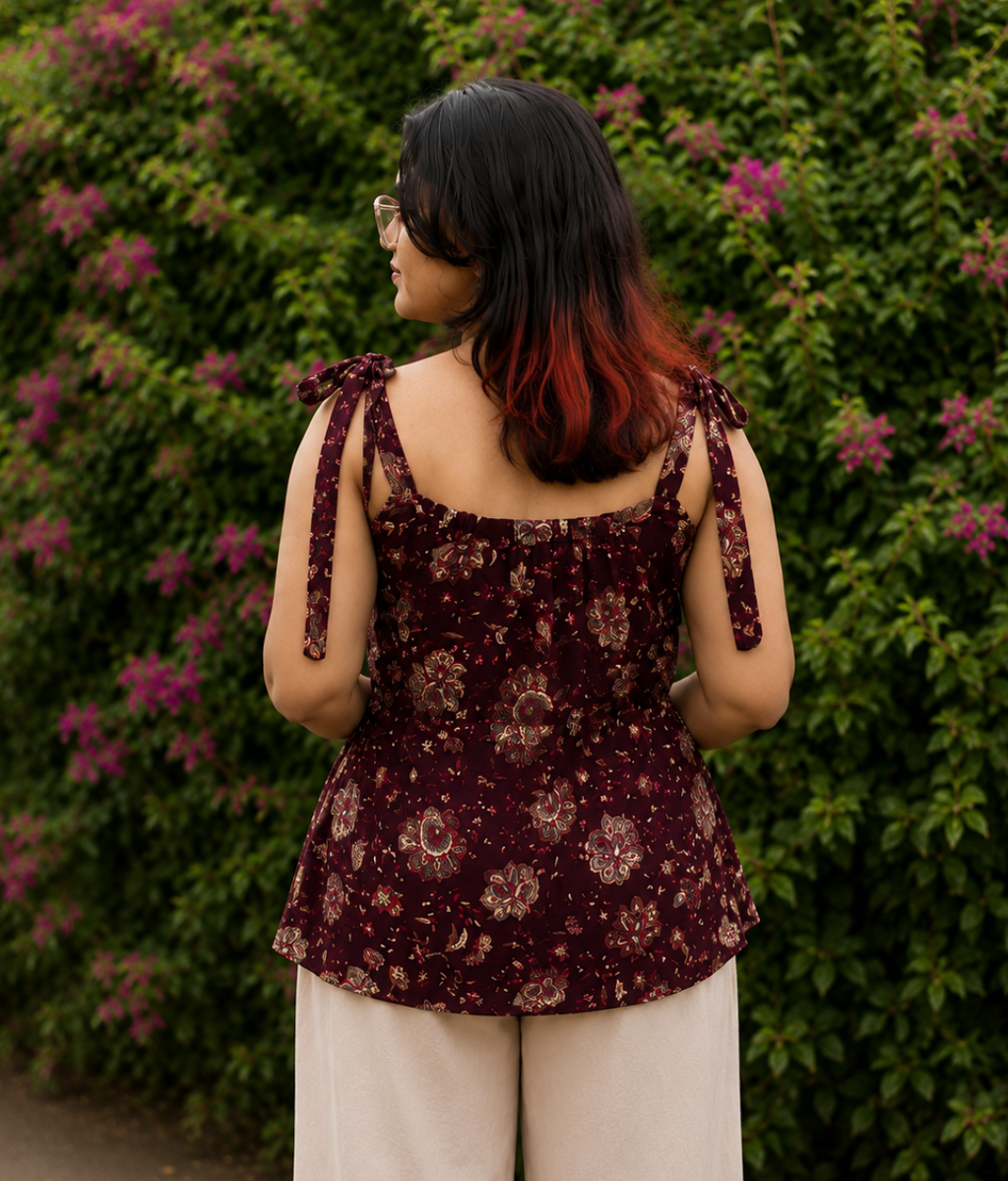 Wine Floral Peplum Tie-Shoulder Top for Women | Soft Cotton Blend | Casual Chic | Free Size