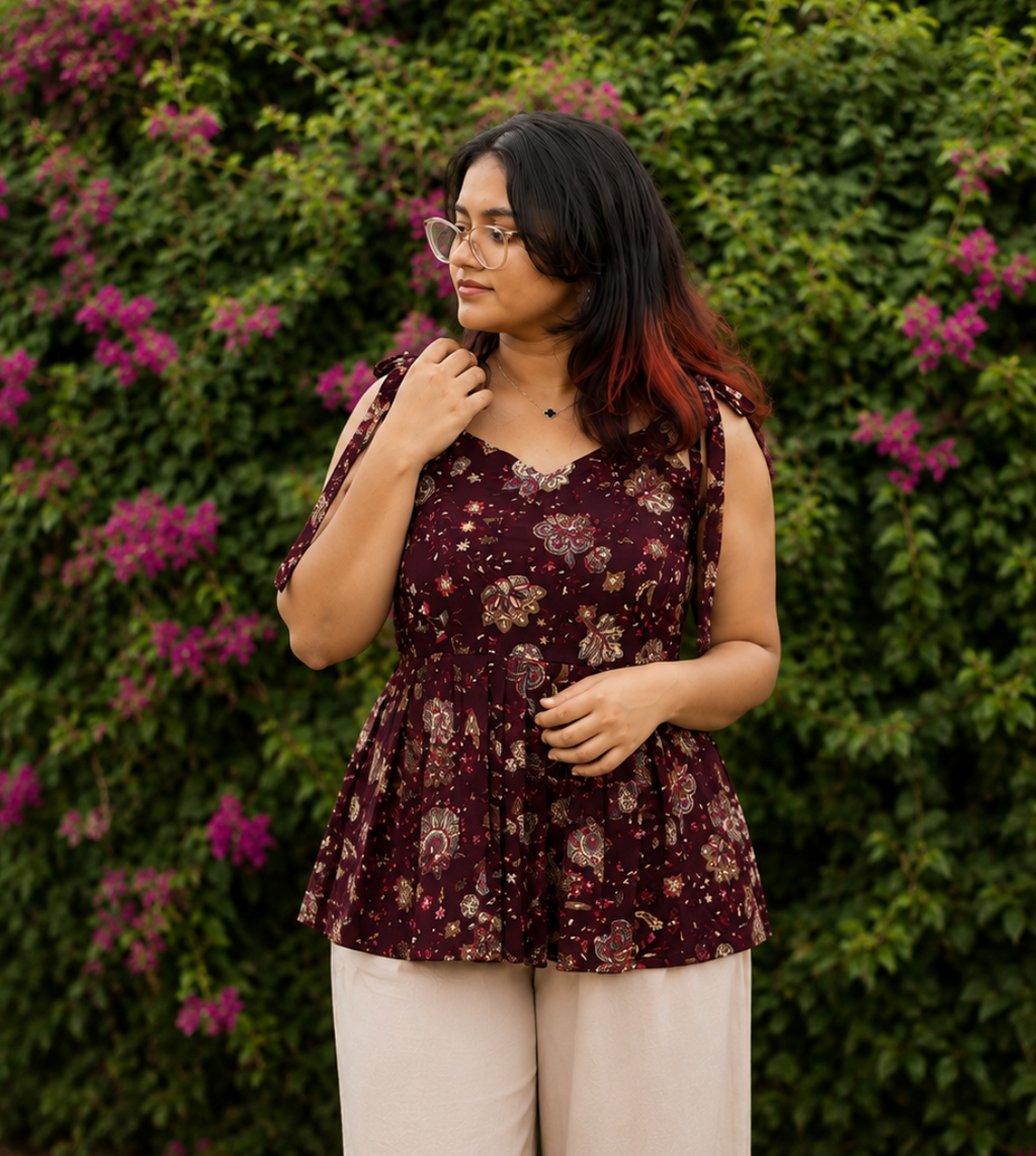 Wine Floral Peplum Tie-Shoulder Top for Women | Soft Cotton Blend | Casual Chic | Free Size