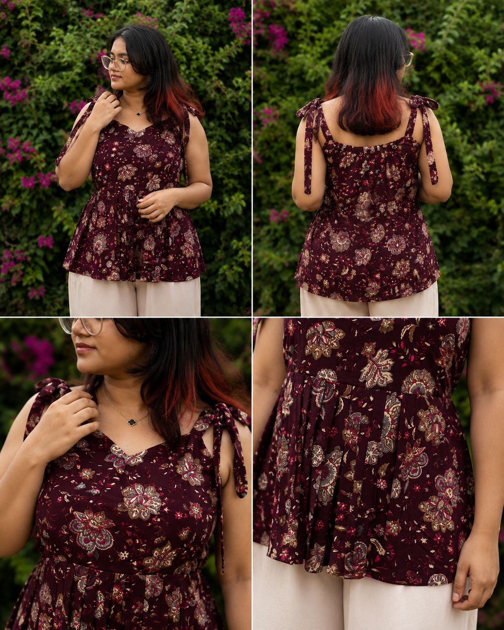 Wine Floral Peplum Tie-Shoulder Top for Women | Soft Cotton Blend | Casual Chic | Free Size