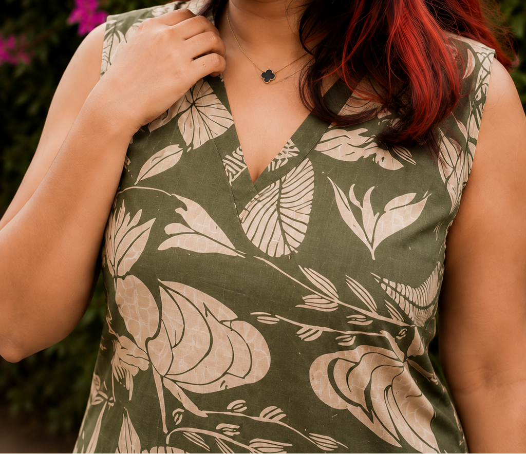 Olive Green Tropical Print Sleeveless Short Kurti for Women | Soft Cotton Blend | Everyday Comfort