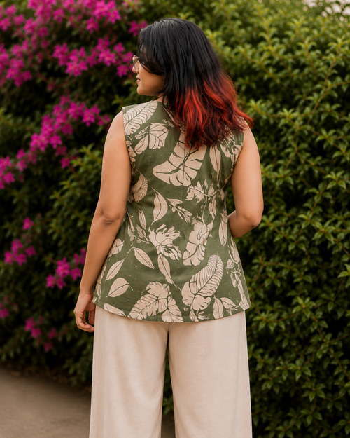 Olive Green Tropical Print Sleeveless Short Kurti for Women | Soft Cotton Blend | Everyday Comfort